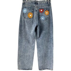 SHEIN Acid Wash Wide Leg Jeans with Retro Flower Pockets Women's Size L